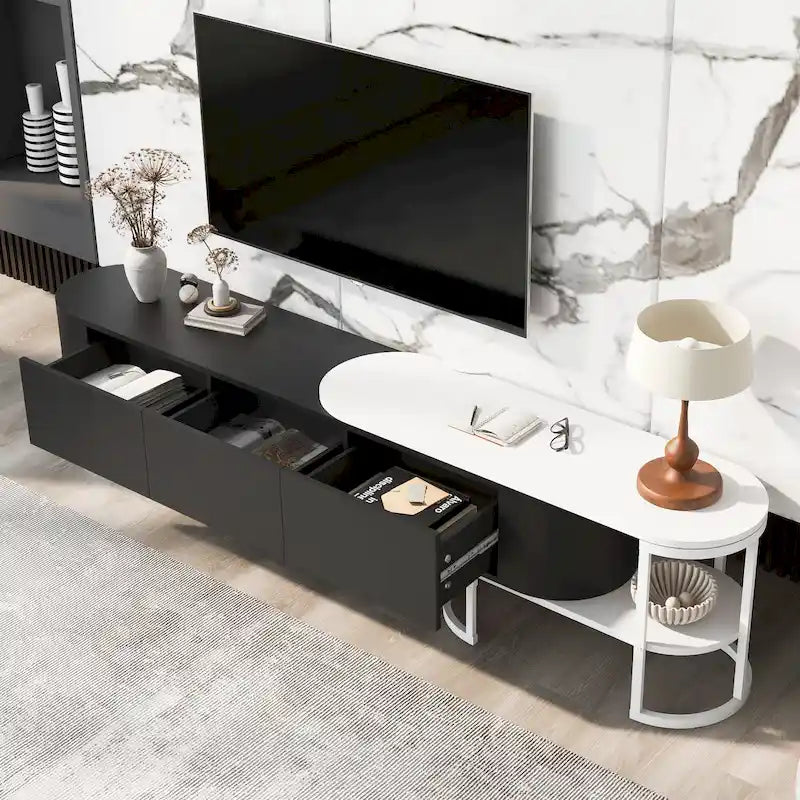 Mueble de TV Extensible con 3 Cajones y Patas Metálicas Ajustables (Compatible con televisores de hasta 75 pulgadas)