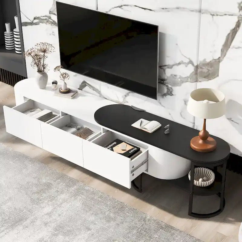 Mueble de TV Extensible con 3 Cajones y Patas Metálicas Ajustables (Compatible con televisores de hasta 75 pulgadas)