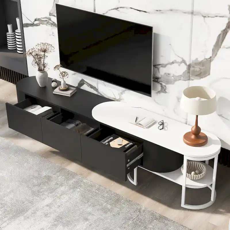 Mueble de TV Extensible con 3 Cajones y Patas Metálicas Ajustables (Compatible con televisores de hasta 75 pulgadas)