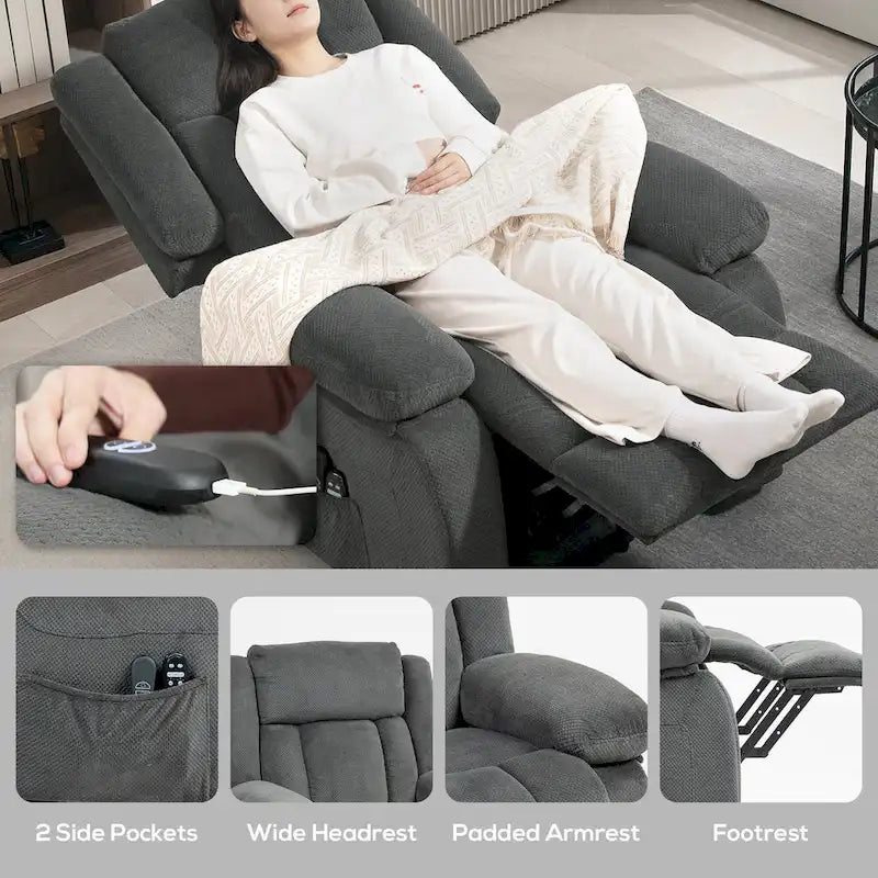 Sillón reclinable elevador eléctrico con masaje y calor, sillón reclinable de tela con control remoto