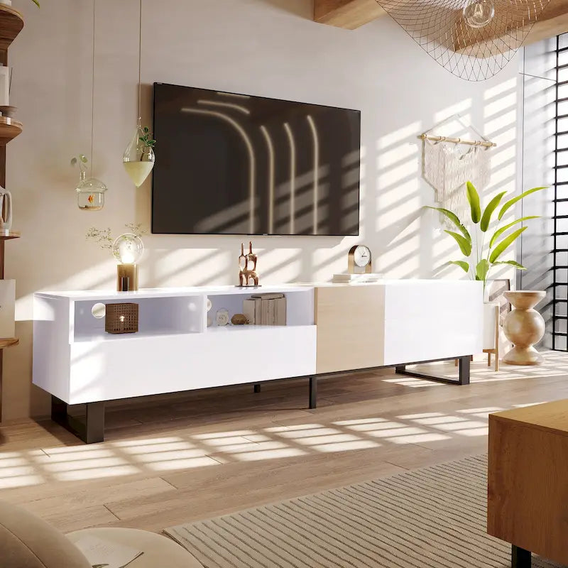 Mueble para TV de 80" con doble espacio de almacenamiento, mesa consola multimedia, centro de entretenimiento con puerta abatible
