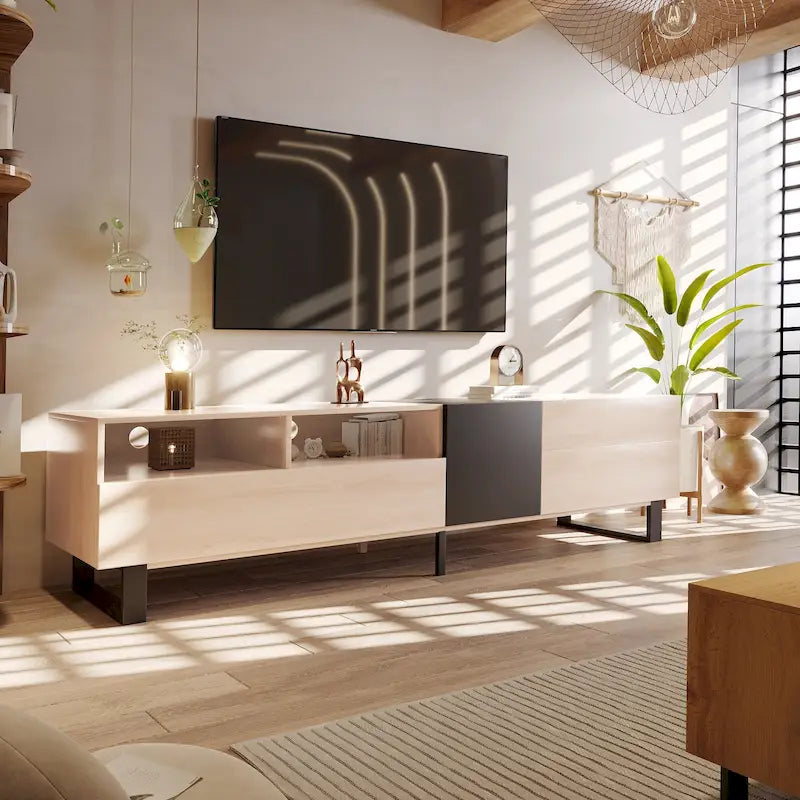 Mueble para TV de 80" con doble espacio de almacenamiento, mesa consola multimedia, centro de entretenimiento con puerta abatible