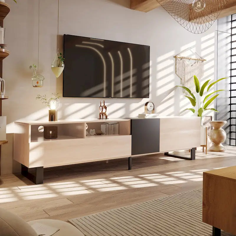 Mueble para TV de 80" con doble espacio de almacenamiento, mesa consola multimedia, centro de entretenimiento con puerta abatible