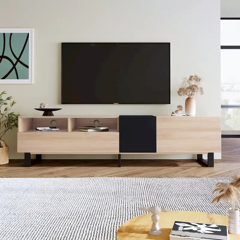 Mueble para TV de 80" con doble espacio de almacenamiento, mesa consola multimedia, centro de entretenimiento con puerta abatible