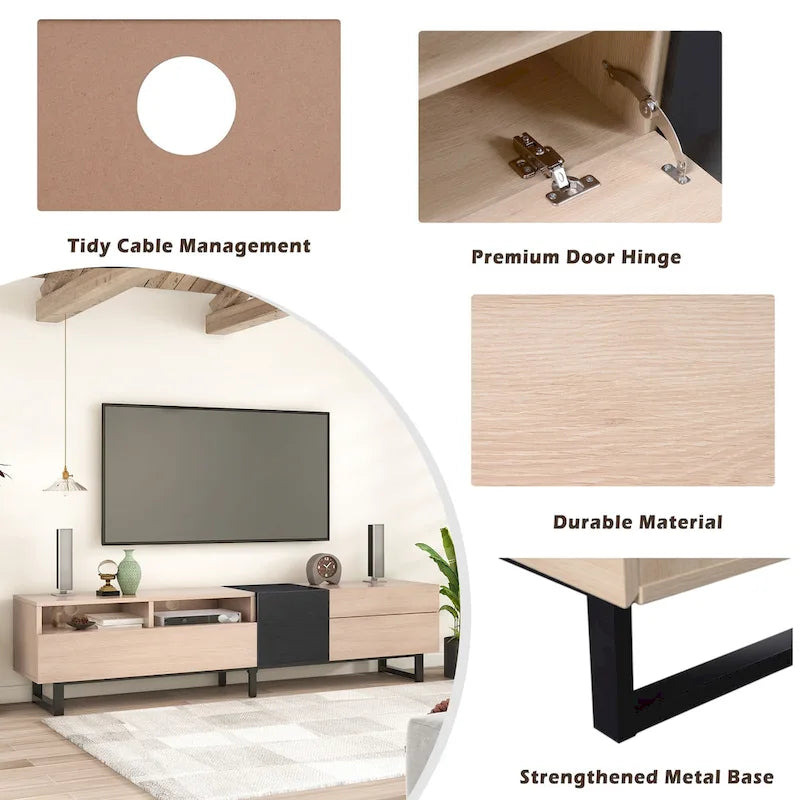 Mueble para TV de 80" con doble espacio de almacenamiento, mesa consola multimedia, centro de entretenimiento con puerta abatible