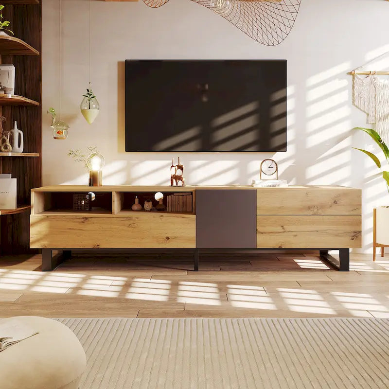 Mueble para TV de 80" con doble espacio de almacenamiento, mesa consola multimedia, centro de entretenimiento con puerta abatible