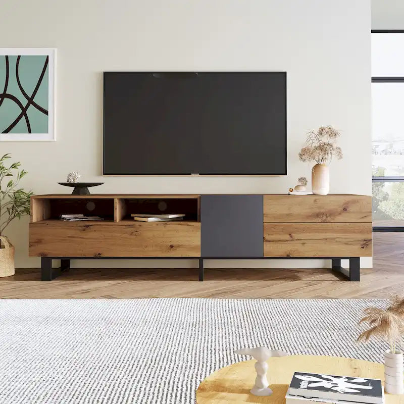 Mueble para TV de 80" con doble espacio de almacenamiento, mesa consola multimedia, centro de entretenimiento con puerta abatible