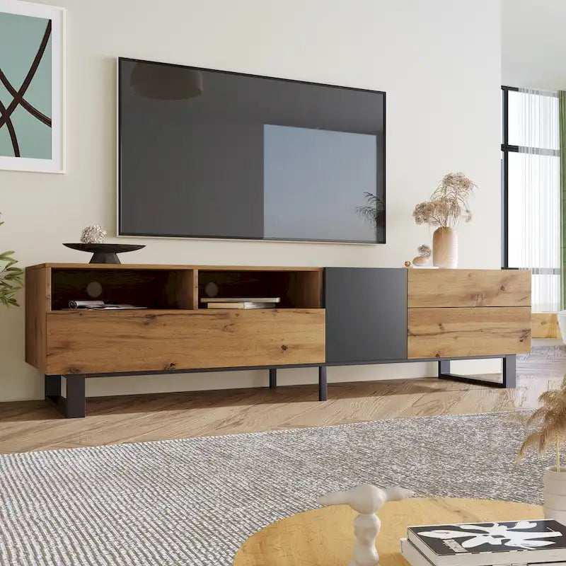 Mueble para TV de 80" con doble espacio de almacenamiento, mesa consola multimedia, centro de entretenimiento con puerta abatible
