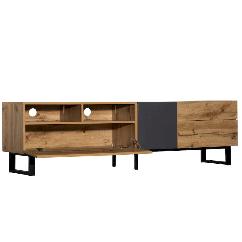 Mueble para TV de 80" con doble espacio de almacenamiento, mesa consola multimedia, centro de entretenimiento con puerta abatible