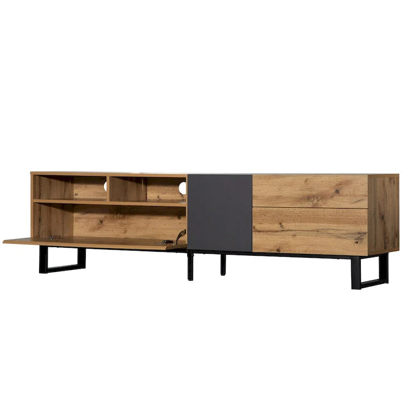 Mueble para TV de 80" con doble espacio de almacenamiento, mesa consola multimedia, centro de entretenimiento con puerta abatible