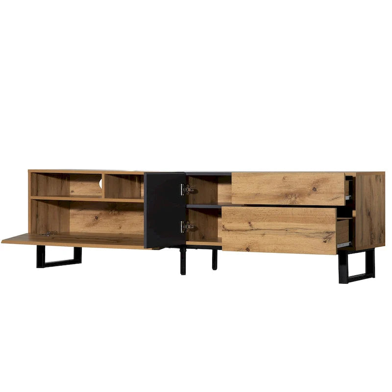 Mueble para TV de 80" con doble espacio de almacenamiento, mesa consola multimedia, centro de entretenimiento con puerta abatible