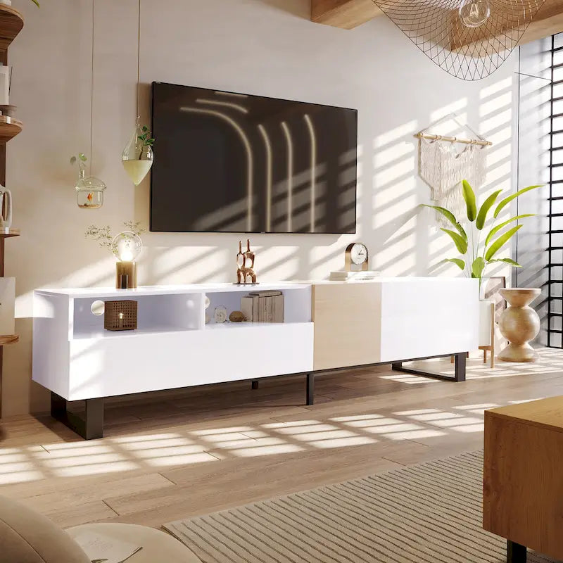 Mueble para TV de 80" con doble espacio de almacenamiento, mesa consola multimedia, centro de entretenimiento con puerta abatible