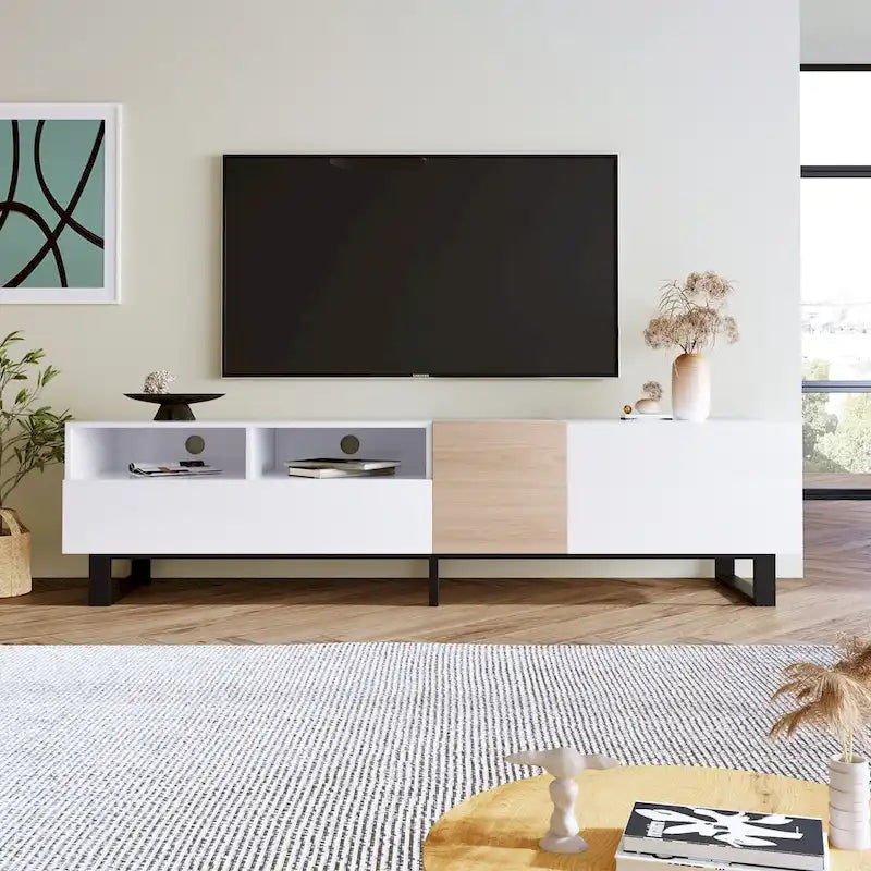Mueble para TV de 80" con doble espacio de almacenamiento, mesa consola multimedia, centro de entretenimiento con puerta abatible