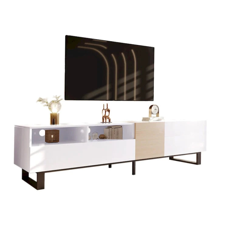 Mueble para TV de 80" con doble espacio de almacenamiento, mesa consola multimedia, centro de entretenimiento con puerta abatible