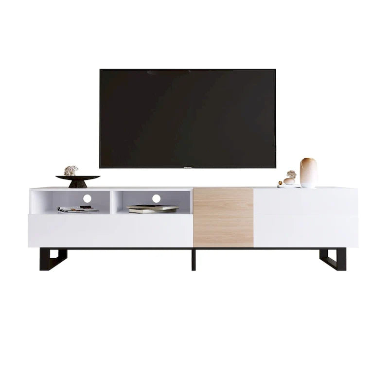 Mueble para TV de 80" con doble espacio de almacenamiento, mesa consola multimedia, centro de entretenimiento con puerta abatible