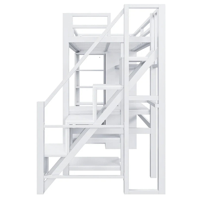 Cama alta de metal con escritorio, armario y escaleras con peldaños – Tamaño individual/matrimonial