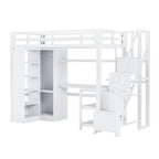 Cama alta de metal con escritorio, armario y escaleras con peldaños – Tamaño individual/matrimonial
