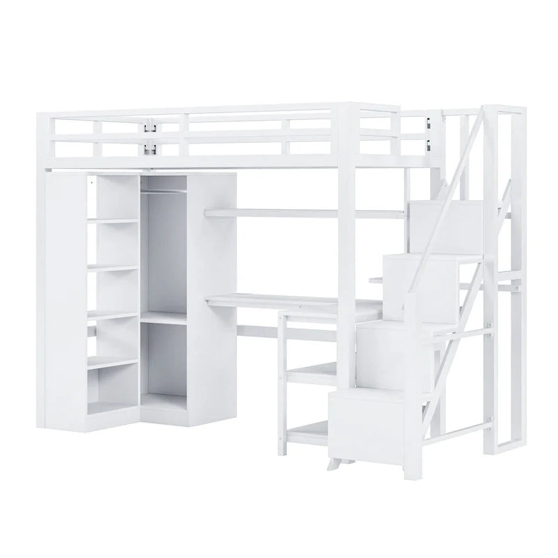 Cama alta de metal con escritorio, armario y escaleras con peldaños – Tamaño individual/matrimonial