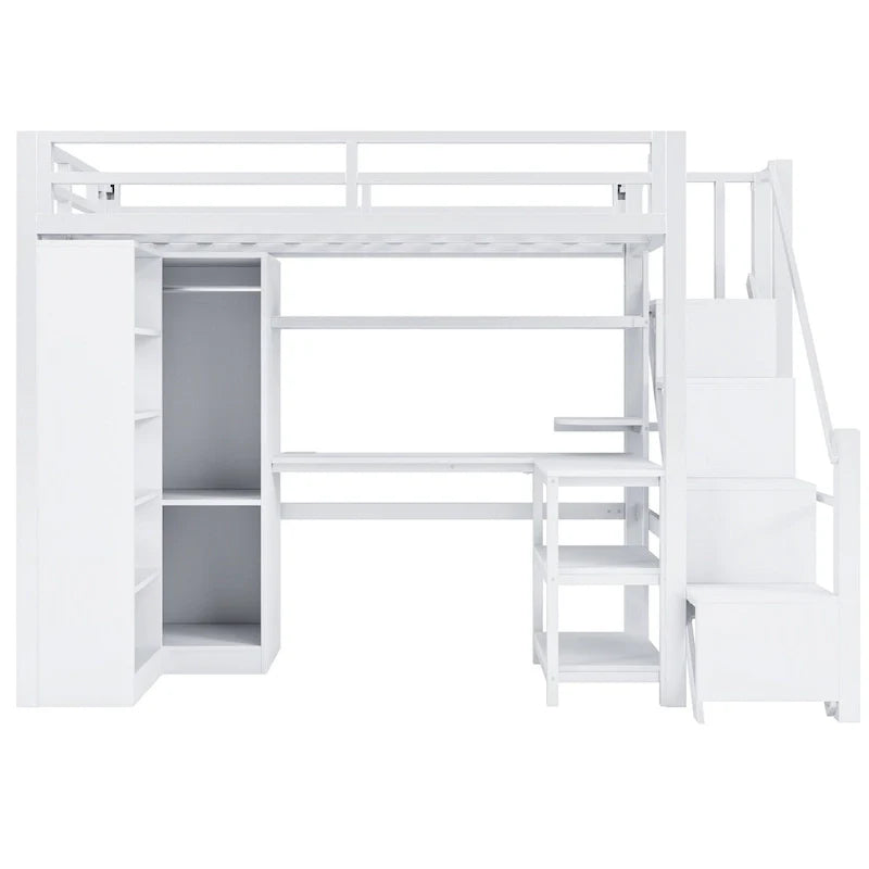 Cama alta de metal con escritorio, armario y escaleras con peldaños – Tamaño individual/matrimonial