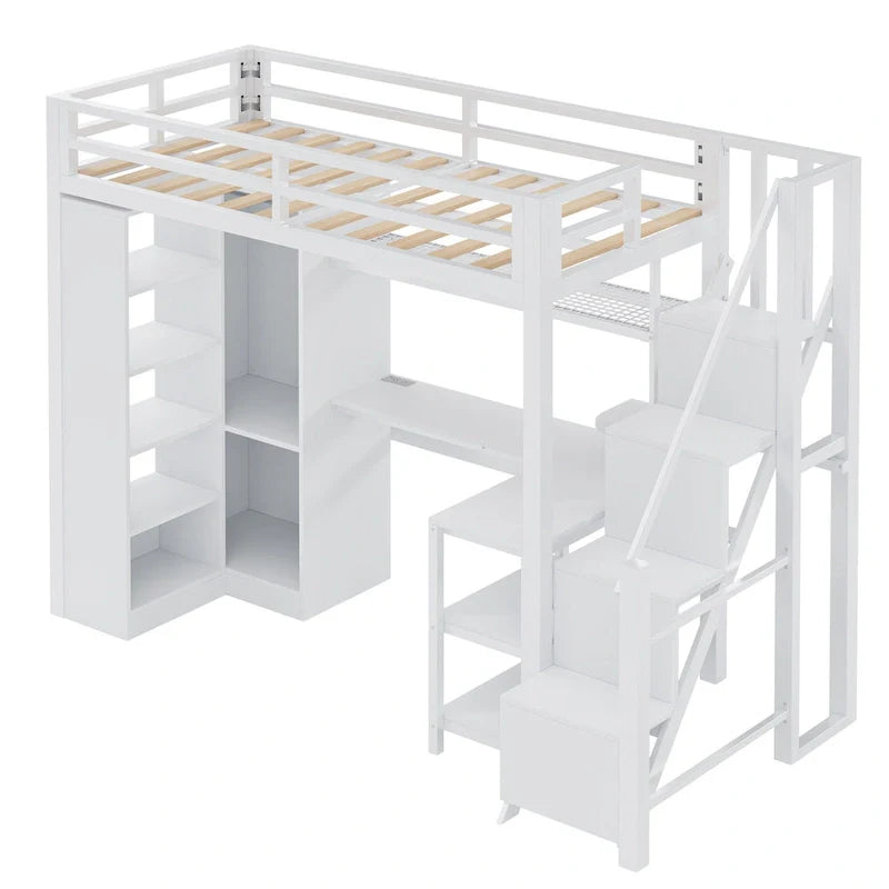 Cama alta de metal con escritorio, armario y escaleras con peldaños – Tamaño individual/matrimonial
