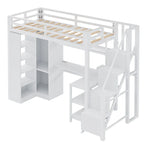 Cama alta de metal con escritorio, armario y escaleras con peldaños – Tamaño individual/matrimonial