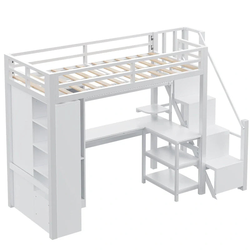 Cama alta de metal con escritorio, armario y escaleras con peldaños – Tamaño individual/matrimonial