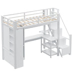 Cama alta de metal con escritorio, armario y escaleras con peldaños – Tamaño individual/matrimonial