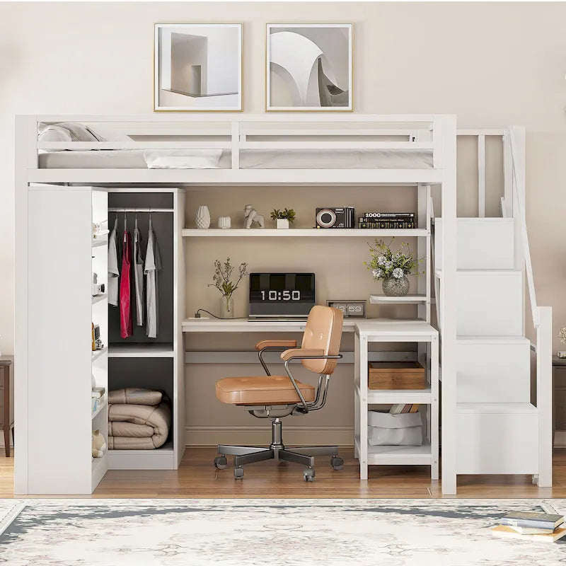 Cama alta de metal con escritorio, armario y escaleras con peldaños – Tamaño individual/matrimonial