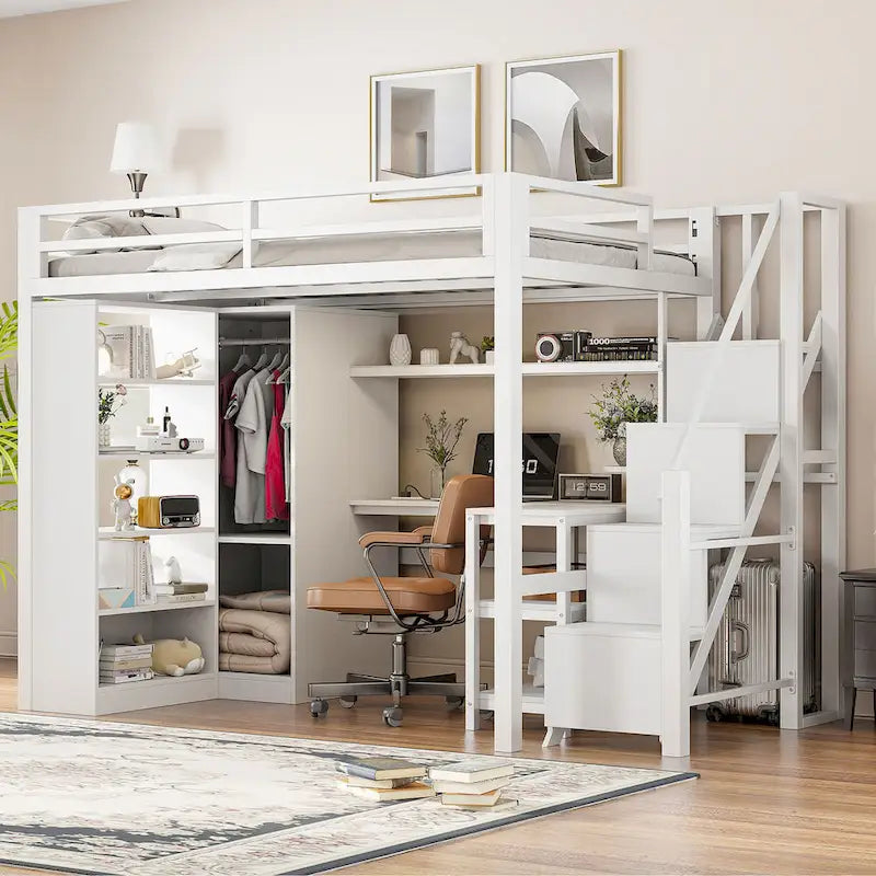 Cama alta de metal con escritorio, armario y escaleras con peldaños – Tamaño individual/matrimonial