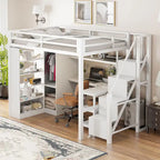 Cama alta de metal con escritorio, armario y escaleras con peldaños – Tamaño individual/matrimonial