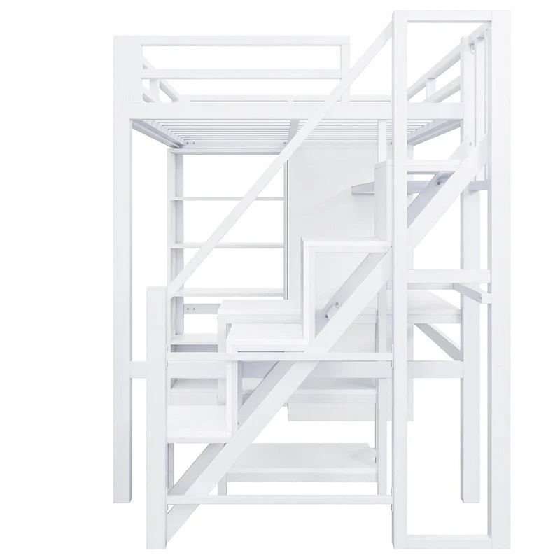 Cama alta de metal con escritorio, armario y escaleras con peldaños – Tamaño individual/matrimonial