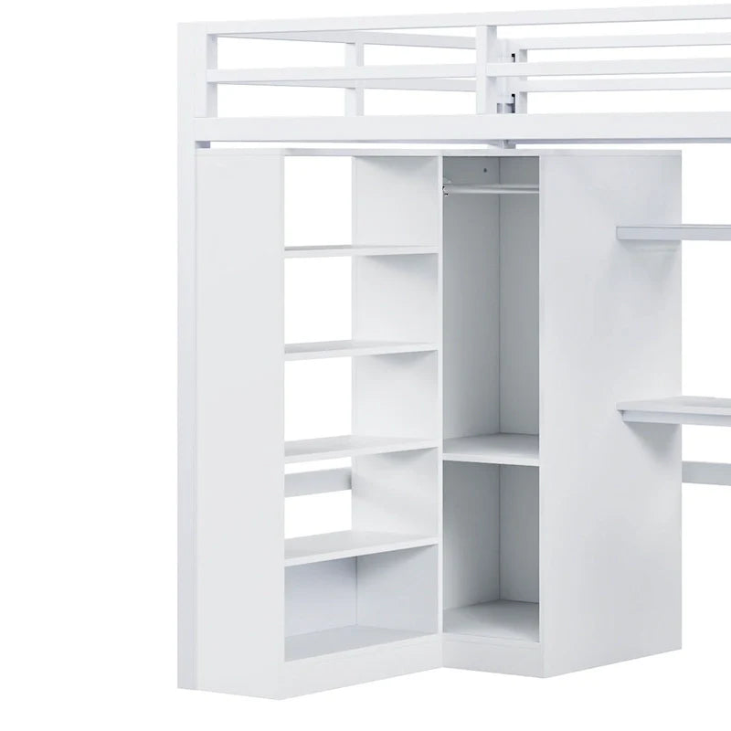 Cama alta de metal con escritorio, armario y escaleras con peldaños – Tamaño individual/matrimonial