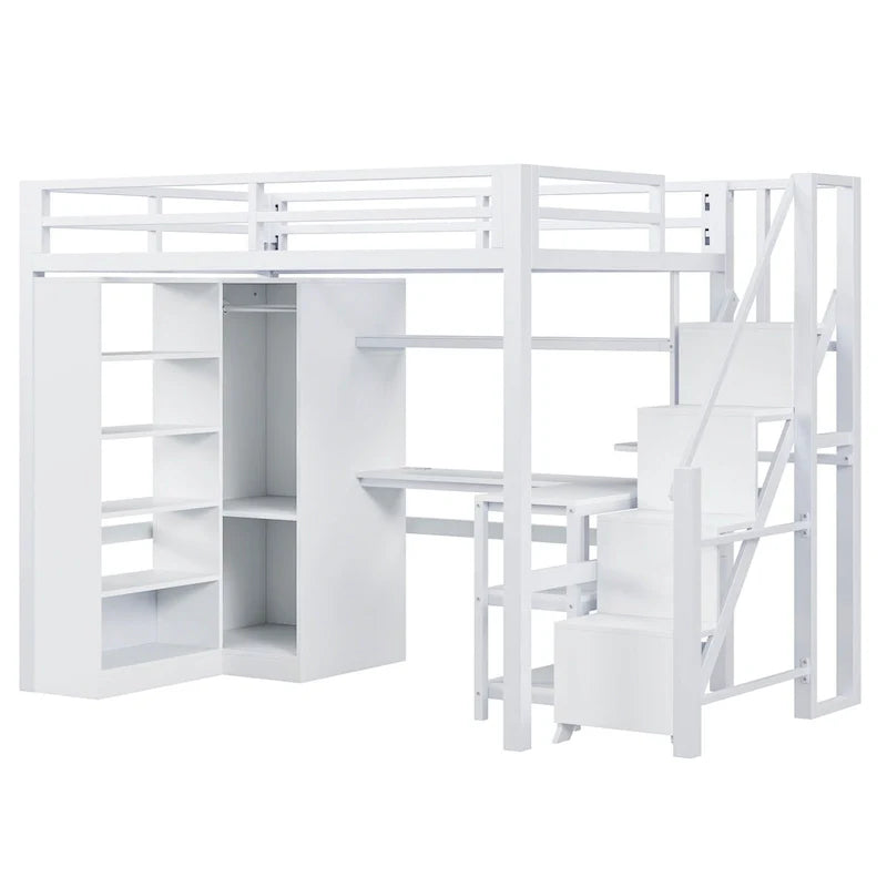Cama alta de metal con escritorio, armario y escaleras con peldaños – Tamaño individual/matrimonial
