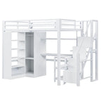 Cama alta de metal con escritorio, armario y escaleras con peldaños – Tamaño individual/matrimonial