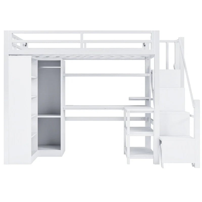 Cama alta de metal con escritorio, armario y escaleras con peldaños – Tamaño individual/matrimonial