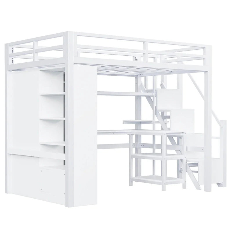 Cama alta de metal con escritorio, armario y escaleras con peldaños – Tamaño individual/matrimonial