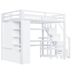 Cama alta de metal con escritorio, armario y escaleras con peldaños – Tamaño individual/matrimonial