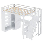 Cama alta de metal con escritorio, armario y escaleras con peldaños – Tamaño individual/matrimonial