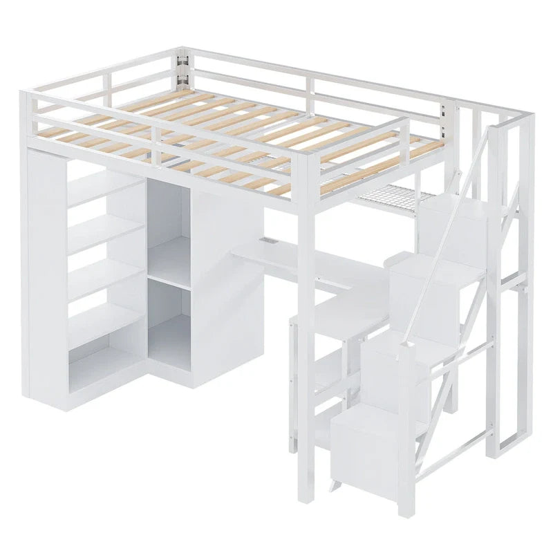 Cama alta de metal con escritorio, armario y escaleras con peldaños – Tamaño individual/matrimonial