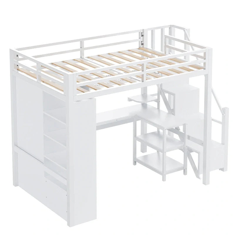 Cama alta de metal con escritorio, armario y escaleras con peldaños – Tamaño individual/matrimonial