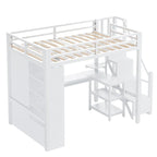 Cama alta de metal con escritorio, armario y escaleras con peldaños – Tamaño individual/matrimonial