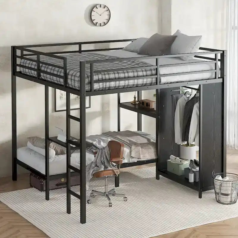 Litera King sobre Twin XL con armario integrado y escritorio plegable, Negro