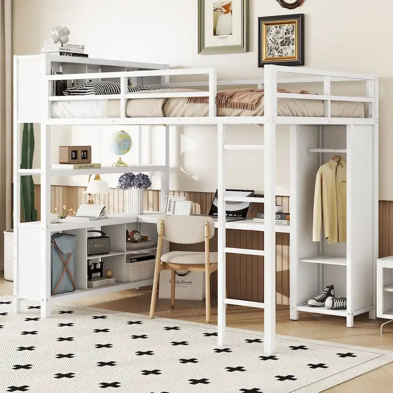 Cama alta de metal de tamaño completo con armario, escritorio en forma de L y almacenamiento