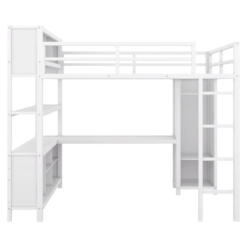 Cama alta de metal de tamaño completo con armario, escritorio en forma de L y almacenamiento