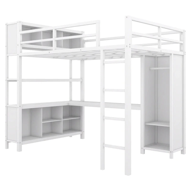 Cama alta de metal de tamaño completo con armario, escritorio en forma de L y almacenamiento