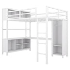 Cama alta de metal de tamaño completo con armario, escritorio en forma de L y almacenamiento