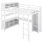 Cama alta de metal de tamaño completo con armario, escritorio en forma de L y almacenamiento