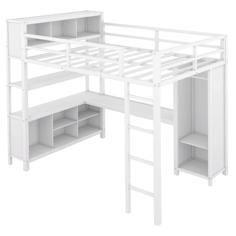 Cama alta de metal de tamaño completo con armario, escritorio en forma de L y almacenamiento