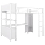 Cama alta de metal de tamaño completo con armario, escritorio en forma de L y almacenamiento