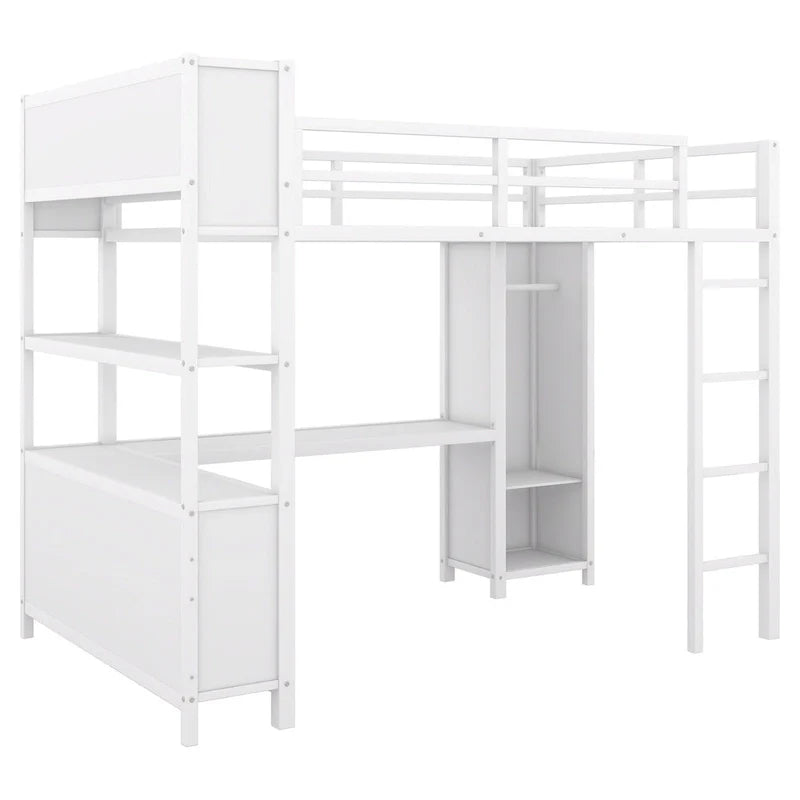 Cama alta de metal de tamaño completo con armario, escritorio en forma de L y almacenamiento